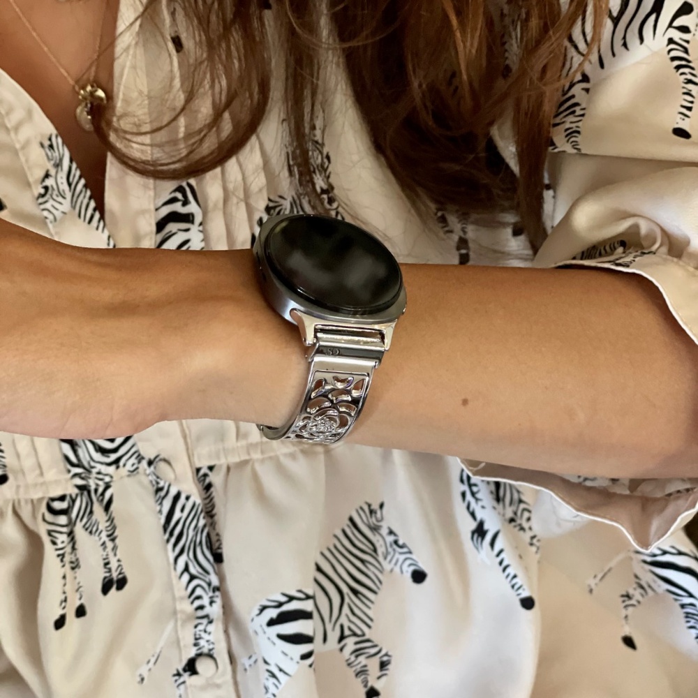 Silver Floral Stainless Steel Smartwatch Band - Fits Round Smartwatches - Picture 9 of 9
